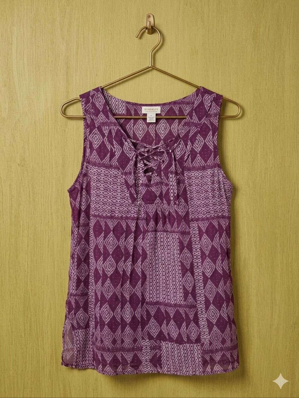 Anthropologie Boho Business Casual Summer Purple Geometric Lace-Up Tank